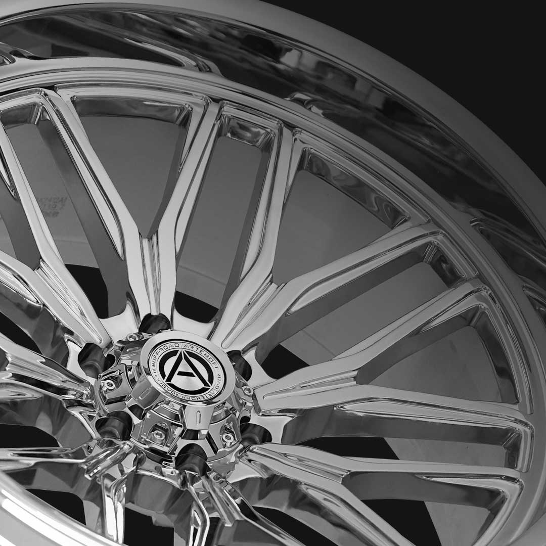 close up shot of chrome a207 kosmos artem off road wheel
