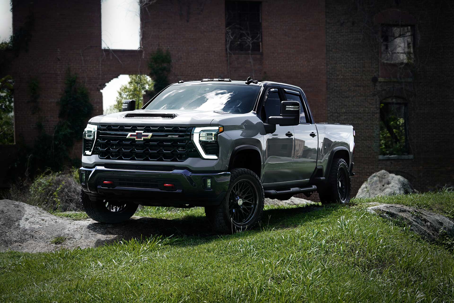gray chevy silverado 2500 with gloss black artem off road a206 novus truck wheels